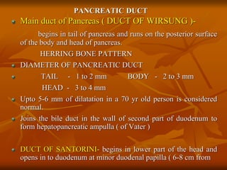 PANCREATIC DUCT
Main duct of Pancreas ( DUCT OF WIRSUNG )-
begins in tail of pancreas and runs on the posterior surface
of the body and head of pancreas.
HERRING BONE PATTERN
DIAMETER OF PANCREATIC DUCT
TAIL - 1 to 2 mm BODY - 2 to 3 mm
HEAD - 3 to 4 mm
Upto 5-6 mm of dilatation in a 70 yr old person is considered
normal.
Joins the bile duct in the wall of second part of duodenum to
form hepatopancreatic ampulla ( of Vater )
DUCT OF SANTORINI- begins in lower part of the head and
opens in to duodenum at minor duodenal papilla ( 6-8 cm from
 