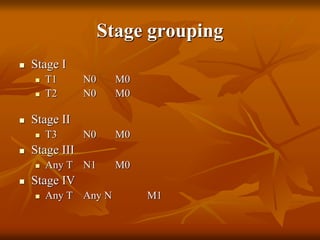 Stage grouping
 Stage I
 T1 N0 M0
 T2 N0 M0
 Stage II
 T3 N0 M0
 Stage III
 Any T N1 M0
 Stage IV
 Any T Any N M1
 