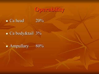 Operability
 Ca head 20%
 Ca body&tail 3%
 Ampullary 80%
 