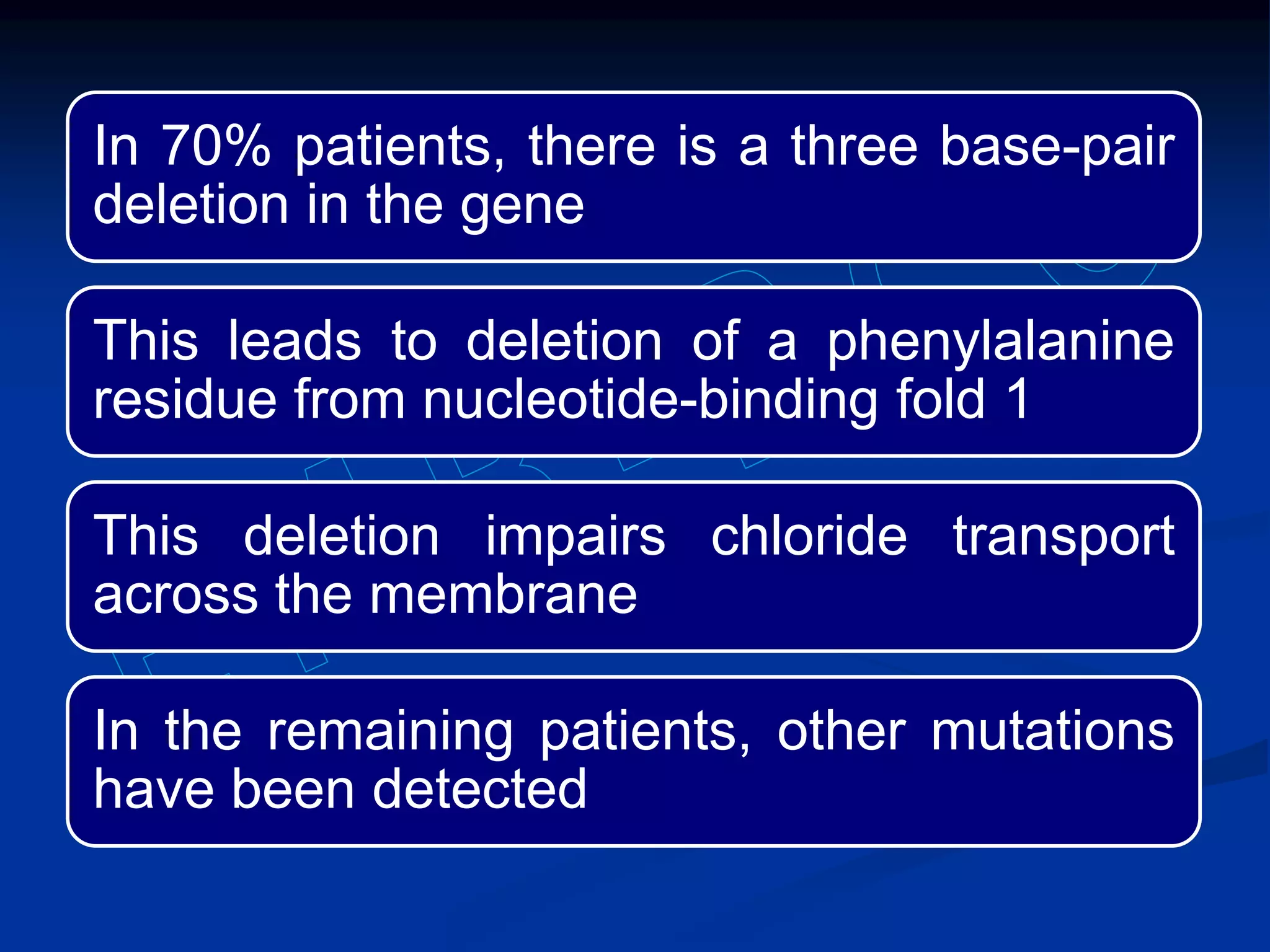 In 70% patients, there is a three base-pair
deletion in the gene
This leads to deletion of a phenylalanine
residue from nucleotide-binding fold 1
This deletion impairs chloride transport
across the membrane
In the remaining patients, other mutations
have been detected
 