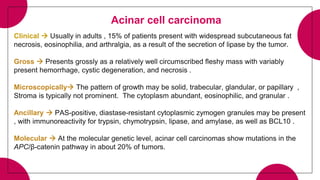 Acinar cell carcinoma
Clinical  Usually in adults , 15% of patients present with widespread subcutaneous fat
necrosis, eosinophilia, and arthralgia, as a result of the secretion of lipase by the tumor.
Gross  Presents grossly as a relatively well circumscribed fleshy mass with variably
present hemorrhage, cystic degeneration, and necrosis .
Microscopically The pattern of growth may be solid, trabecular, glandular, or papillary ,
Stroma is typically not prominent. The cytoplasm abundant, eosinophilic, and granular .
Ancillary  PAS-positive, diastase-resistant cytoplasmic zymogen granules may be present
, with immunoreactivity for trypsin, chymotrypsin, lipase, and amylase, as well as BCL10 .
Molecular  At the molecular genetic level, acinar cell carcinomas show mutations in the
APC/β-catenin pathway in about 20% of tumors.
 