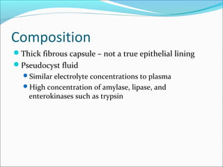 Composition
Thick fibrous capsule – not a true epithelial lining
Pseudocyst fluid
  Similar electrolyte concentrations ...