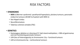 RISK FACTORS
• SYNDROMIC
• MEN 1 (Wermer syndrome)- parathyroid hyperplasia, pituitary tumours, pancreatic
endocrine tumours (30-80 % of patient with MEN 1)
• Von Hippel-Lindau
• Neurofibromatosis
• Tuberous sclerosis complex (TSC)
• GENETICS
• Homozygous deletion or silencing of 5′ CpG island methylation; > 90% of gastrinomas
and non-functioning pancreatic tumours.
• LOH (loss of heterozygosity) at chromosome 11q – functional tumours
• LOH at chromosome 6q – nonfunctional tumours
 
