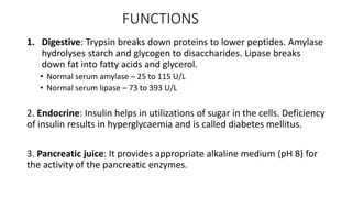 FUNCTIONS
1. Digestive: Trypsin breaks down proteins to lower peptides. Amylase
hydrolyses starch and glycogen to disaccharides. Lipase breaks
down fat into fatty acids and glycerol.
• Normal serum amylase – 25 to 115 U/L
• Normal serum lipase – 73 to 393 U/L
2. Endocrine: Insulin helps in utilizations of sugar in the cells. Deficiency
of insulin results in hyperglycaemia and is called diabetes mellitus.
3. Pancreatic juice: It provides appropriate alkaline medium (pH 8) for
the activity of the pancreatic enzymes.
 