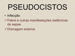Pancreatite AgudaLeve (80-90%)Intersticial: Disfunção mínima podendo apresentar alterações tomográficas e enzimáticas.Mortalidade 1%Grave (10-20%)Doença sistêmica com falência de múltiplos órgãos.Evolui com frequência para necrose, pseudocisto e abscesso.Mortalidade 30-60%Ranson	  APACHE II                 Balthazar			Pancreatite aguda leve             ≤ 3                        ≤ 8	                       ≤ 7Pancreatite aguda grave           ≥3                         ≥ 8                              ≥ 7            