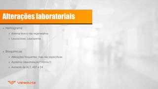 Alterações laboratoriais
» Hemograma
» Anemia leve e não regenerativa
» Leucocitose, Leucopenia
» Bioquimicas
» Alterações frequentes, mas não especificas
» Azotemia (desidratação? Vômito?)
» Aumento de ALT, AST e FA
 