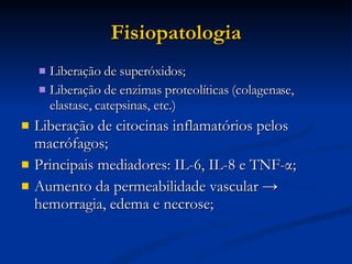 Fisiopatologia Liberação de superóxidos; Liberação de enzimas proteolíticas (colagenase, elastase, catepsinas, etc.) Liberação de citocinas inflamatórios pelos macrófagos; Principais mediadores: IL-6, IL-8 e TNF- α ; Aumento da permeabilidade vascular -> hemorragia, edema e necrose; 