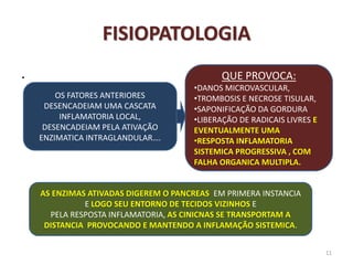 FISIOPATOLOGIA
.
11
OS FATORES ANTERIORES
DESENCADEIAM UMA CASCATA
INFLAMATORIA LOCAL,
DESENCADEIAM PELA ATIVAÇÃO
ENZIMATICA INTRAGLANDULAR….
QUE PROVOCA:
•DANOS MICROVASCULAR,
•TROMBOSIS E NECROSE TISULAR,
•SAPONIFICAÇÃO DA GORDURA
•LIBERAÇÃO DE RADICAIS LIVRES E
EVENTUALMENTE UMA
•RESPOSTA INFLAMATORIA
SISTEMICA PROGRESSIVA , COM
FALHA ORGANICA MULTIPLA.
AS ENZIMAS ATIVADAS DIGEREM O PANCREAS EM PRIMERA INSTANCIA
E LOGO SEU ENTORNO DE TECIDOS VIZINHOS E
PELA RESPOSTA INFLAMATORIA, AS CINICNAS SE TRANSPORTAM A
DISTANCIA PROVOCANDO E MANTENDO A INFLAMAÇÃO SISTEMICA.
 