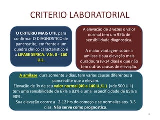 CRITERIO LABORATORIAL
.
16
O CRITERIO MAIS UTIL para
confirmar O DIAGNOSTICO de
pancreatite, em frente a um
quadro clínico caracteristico é
a LIPASE SERICA. V.N. 0 - 160
U.L.
A elevação de 2 vezes o valor
normal tem um 95% de
sensibilidade diagnostica.
A maior vantagem sobre a
amilasa é sua elevação mais
duradoura (8-14 dias) e que não
tem outras causas de elevação.
A amilase dura somente 3 días, tem varias causas diferentes a
pancreatite que a elevam.
Elevação de 3x de seu valor normal (40 a 140 U./L.) (>de 500 U.I.)
tem uma sensibilidade de 67% a 83% e uma especificidade de 85% a
98% .
Sua elevação ocorre a 2-12 hrs do começo e se normaliza aos 3-5
dias. Não serve como prognostico.
 