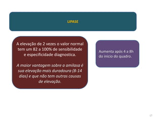 17
A elevação de 2 vezes o valor normal
tem um 82 a 100% de sensibilidade
e especificidade diagnostica.
A maior vantagem sobre a amilasa é
sua elevação mais duradoura (8-14
dias) e que não tem outras causas
de elevação.
LIPASE
Aumenta após 4 a 8h
do inicio do quadro.
 