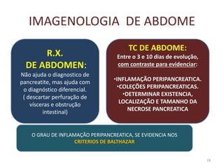 IMAGENOLOGIA DE ABDOME
.
18
R.X.
DE ABDOMEN:
Não ajuda o diagnostico de
pancreatite, mas ajuda com
o diagnóstico diferencial.
( descartar perfuração de
vísceras e obstrução
intestinal)
TC DE ABDOME:
Entre o 3 e 10 dias de evolução,
com contraste para evidenciar:
•INFLAMAÇÃO PERIPANCREATICA.
•COLEÇÕES PERIPANCREATICAS.
•DETERMINAR EXISTENCIA,
LOCALIZAÇÃO E TAMANHO DA
NECROSE PANCREATICA
O GRAU DE INFLAMAÇÃO PERIPANCREATICA, SE EVIDENCIA NOS
CRITERIOS DE BALTHAZAR
 