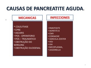 CAUSAS DE PANCREATITE AGUDA.
. MECANICAS INFECCIONES
• COLELITIASE
• CPRE
• ASCARIS
• POS - OPERATORIO
• POS – TRAUMATICO
• OBSTRUÇÃO DO
WIRSUNG
• OBSTRUÇÃO DUODENAL
• PAROTIDITE
• HEPATITE B
• CMV
• COXSACKIE
• VARICELA-ZOSTER
• HSV
• VIH
• MICOPLASMA,
• LEGIONELLA
7
 