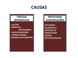CAUSAS
.
• ALCOOL
•HIPERLIPO -
PROTEINEMIA
• HEREDITARIEDADE
• HIPERCALCEMIA
•VENENO DE ESCORPIÃO
LEPTOSPIRA
SALMONELLA
ASPERGILLUS
TOXOPLASMA
ASCARIS
CRYTOSPORIDIUM
INFECCIOSAS
(CONTINUAÇÃO)
TOXICAS/
METABOLICAS
8
 