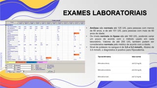 SLIDESMANIA
SLIDESMANIA.C
EXAMES LABORATORIAIS
• Amilase são normais até 125 UI/L para pessoas com menos
de 60 anos, e de até 151 UI/L para pessoas com mais de 60
anos de idade;
• Os níveis normais de lipase são até 160 UI/L, podendo variar
um pouco de acordo com o método usado em cada
laboratório. Valores de até 200 UI/L também podem ser
considerados normais pelo médico de acordo com a idade;
• Nível de potássio no sangue é de 3,6 a 5,2 mmol/L, Abaixo de
3,5 mmol/L o diagnóstico é positivo para Hipocalemia.
 