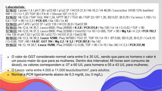 SLIDESMANIA
SLIDESMANIA.C
● O valor do GGT considerado normal varia entre 0 e 30 U/L, sendo que para os homens o valor é
um pouco maior do que para as mulheres. Dentro dos intervalos( 48 horas sem consumo de
álcool), os valores correspondem a: 07 a 60 U/L para homens e 05 a 43 U/L para mulheres;
● O Leuco varia entre 4.500 a 11.000 leucócitos/mm³, para adultos;
● Normal a PCR ligeiramente abaixo de 0,3 mg/dL (ou 3 mg/L).
 