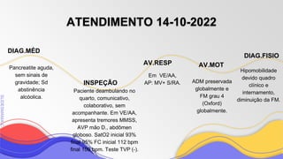 SLIDESMANIA
SLIDESMANIA.C
ATENDIMENTO 14-10-2022
INSPEÇÃO
Em VE/AA,
AP: MV+ S/RA.
AV.RESP
ADM preservada
globalmente e
FM grau 4
(Oxford)
globalmente.
AV.MOT
Pancreatite aguda,
sem sinais de
gravidade; Sd
abstinência
alcóolica.
DIAG.MÉD
DIAG.FISIO
Paciente deambulando no
quarto, comunicativo,
colaborativo, sem
acompanhante. Em VE/AA,
apresenta tremores MMSS,
AVP mão D., abdômen
globoso. SatO2 inicial 93%
final 95% FC inicial 112 bpm
final 109 bpm. Teste TVP (-).
Hipomobilidade
devido quadro
clínico e
internamento,
diminuição da FM.
 