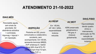 SLIDESMANIA
SLIDESMANIA.C
ATENDIMENTO 21-10-2022
INSPEÇÃO
Em VE/AA,
AP: MV+ S/RA,
expansibilidade
torácica
reduzida.
AV.RESP
ADM preservada
globalmente e
FM grau 4
(Oxford)
globalmente.
AV.MOT
Pancreatite aguda,
sem sinais de
gravidade; Sd
abstinência alcóolica
> controlada;
Hipomag + hipocal >
em reposição.
DIAG.MÉD
DIAG.FISIO
Paciente em DD, pouco
comunicativo e colaborativo,
sonolento, sem
acompanhante. Em VE/AA,
apresenta tremores MMSS,
AVP antebraço E. SatO2
inicial 96% final 97% FC
inicial 77 bpm final 72 bpm.
Teste TVP (-).
Hipomobilidade
devido quadro
clínico e
internamento,
diminuição da FM,
redução da
expansibilidade
torácica.
 