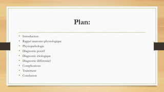 Plan:
• Introduction
• Rappel anatomo-physiologique
• Physiopathologie
• Diagnostic positif
• Diagnostic étiologique
• Diagnostic différentiel
• Complications
• Traitement
• Conclusion
 