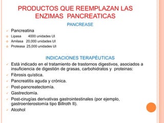  Después de la cirugía en el páncreas o el intestino. PRODUCTOS QUE REEMPLAZAN LAS ENZIMAS PANCREATICASKUZYME HPIngredientes activos: amilasa, lipasa, la proteasa