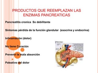 PRODUCTOS QUE REEMPLAZAN LAS ENZIMAS PANCREATICASPancreatitis cronicaSx debilitanteSintomas pérdida de la función glandular  (exocrina y endocrina)Infmamación (dolor)No tiene CuraciónPrevenir la mala absorción Paleativo del dolor