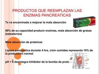 PRODUCTOS QUE REEMPLAZAN LAS ENZIMAS PANCREATICASTx va encaminado a mejorar la mala absorción90% de su capacidad producir enzimas, mala absorción de grasas (esteatorrea)Mala absorción de proteínasLipasa pancreática durante 4 hrs, c/sin comidas representa 10% de la producción normalpH + 6 desintegra Inhibidor de la bomba de proton