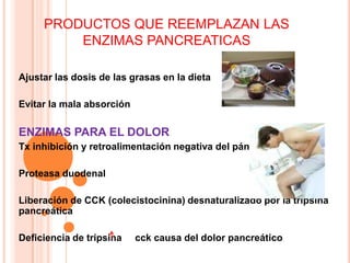 PRODUCTOS QUE REEMPLAZAN LAS ENZIMAS PANCREATICASAjustar las dosis de las grasas en la dietaEvitar la mala absorciónENZIMAS PARA EL DOLORTx inhibición y retroalimentación negativa del páncreas, Proteasa duodenalLiberación de CCK (colecistocinina) desnaturalizado por la tripsina pancreáticaDeficiencia de tripsina     cck causa del dolor pancreático 