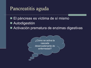Pancreatitis aguda El páncreas es víctima de sí mismo Autodigestión Activación prematura de enzimas digestivas ¿Cómo se activa la cascada desencadenante de enfermedad? 