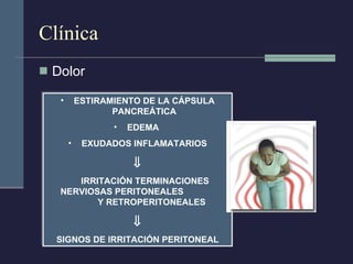 Clínica Dolor ESTIRAMIENTO DE LA CÁPSULA PANCREÁTICA EDEMA  EXUDADOS INFLAMATARIOS  IRRITACIÓN TERMINACIONES NERVIOSAS PERITONEALES  Y RETROPERITONEALES  SIGNOS DE IRRITACIÓN PERITONEAL 