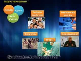 PERÍODO PREPATOGÉNICO



Huésped Agente
                                          Cualquier                                      Predisposición
                                         edad y sexo                                        genética
    Medio
    ambiente




                             Desnutrición                                                Inmunosupresión

                                                              Cirugias




   PAE pancreatitis, Juarez Francisco, Universidad de Guanajuato (2009) disponible en:
   http://es.scribd.com/doc/16205463/Pancreatitis-2 consultado el dia 31-08-11
 