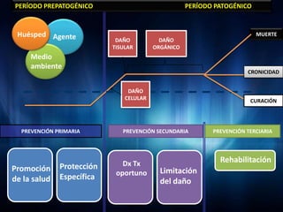 PERÍODO PREPATOGÉNICO                               PERÍODO PATOGÉNICO



 Huésped Agente                                                          MUERTE
                            DAÑO           DAÑO
                           TISULAR       ORGÁNICO
     Medio
     ambiente
                                                                      CRONICIDAD


                                DAÑO
                               CELULAR                                 CURACIÓN




  PREVENCIÓN PRIMARIA         PREVENCIÓN SECUNDARIA        PREVENCIÓN TERCIARIA




                              Dx Tx                          Rehabilitación
Promoción     Protección
                            oportuno       Limitación
de la salud   Específica
                                           del daño
 