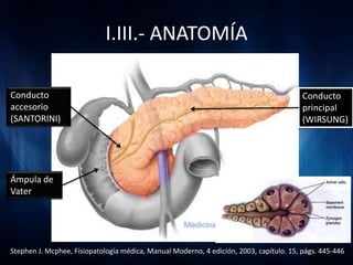 I.III.- ANATOMÍA

Conducto                                                                                 Conducto
accesorio                                                                                principal
(SANTORINI)                                                                              (WIRSUNG)




Ámpula de
Vater




Stephen J. Mcphee, Fisiopatología médica, Manual Moderno, 4 edición, 2003, capítulo. 15, págs. 445-446
 