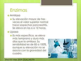 Enzimas 
 Amilasa 
 Su elevación mayor de tres 
veces el valor superior normal 
hace sospechar pancreatitis. 
Se eleva en las 6 a 12 horas. 
 Lipasa 
 Es más específica, se eleva 
más temprano y dura más 
días que la amilasa. Su 
sensibilidad es de 85 a 100%, 
aunque su elevación no se 
asocia con la gravedad del 
cuadro. 
Med Int Mex 2009;25(4):285-94 
 