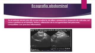 Ecografía abdominal 
 Es el método inicial más útil ya que evalúa la vía biliar y presencia o ausencia de cálculos, así 
como cambios en el tamaño, forma y alteración de la ecogenicidad del páncreas, 
compatibles con proceso inflamatorio. 
 