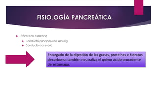FISIOLOGÍA PANCREÁTICA 
 Páncreas exocrino 
 Conducto principal o de Wirsung 
 Conducto accesorio 
Jugo 
Pancreático 
Encargado de la digestión de las grasas, proteínas e hidratos 
de carbono; también neutraliza el quimo ácido procedente 
del estómago. 
 