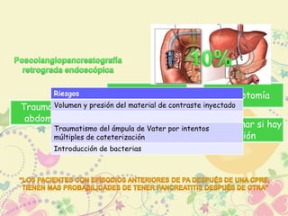 Riesgos 
Volumen y presión del material de contraste inyectado 
Traumatismos 
abdominales 
Penetrantes Laparotomía 
Cerrados 
Determinar si hay 
lesión 
Traumatismo del ámpula de Vater por intentos 
múltiples de cateterización 
Introducción de bacterias 
 