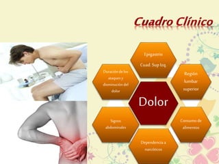 Epigastrio 
Cuad. Sup Izq. 
Dolor 
Región 
lumbar 
superior 
Consumo de 
alimentos 
Dependencia a 
narcóticos 
Duración de los 
ataques y 
disminución del 
dolor 
Signos 
abdominales 
 