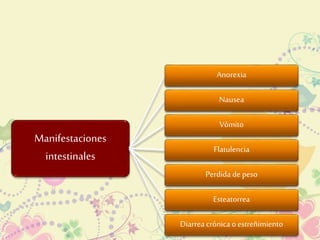 Manifestaciones 
intestinales 
Anorexia 
Nausea 
Vómito 
Flatulencia 
Perdida de peso 
Esteatorrea 
Diarrea crónica o estreñimiento 
 