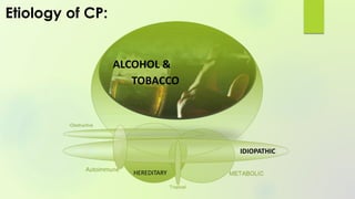 Etiology of CP:
IDIOPATHIC
ALCOHOL &
TOBACCO
HEREDITARY
 