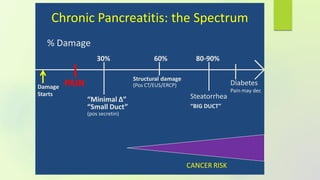 Chronic Pancreatitis: the Spectrum
Damage
Starts
PAIN
“Minimal ∆”
“Small Duct”
(pos secretin)
Structural damage
(Pos CT/EUS/ERCP)
Steatorrhea
“BIG DUCT”
CANCER RISK
Diabetes
Pain may dec
30% 60% 80-90%
% Damage
 