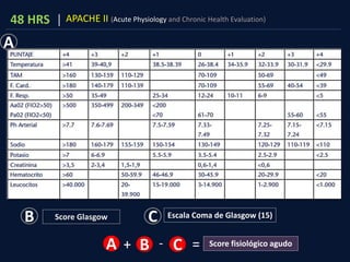APACHE II (Acute Physiology and Chronic Health Evaluation)48 HRS |
A
Escala Coma de Glasgow (15)Score GlasgowB C
Score fisiológico agudoA B C+ - =
 