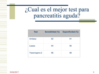 ¿Cual es el mejor test para
pancreatitis aguda?
Test Sensibilidad (%) Especificidad (%)
Amilasa 82 81
Lipasa 94 96
Tripsinogeno 2 96 98
28/04/2017 9
 
