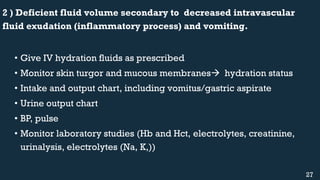 2 ) Deficient fluid volume secondary to decreased intravascular
fluid exudation (inflammatory process) and vomiting.
• Give IV hydration fluids as prescribed
• Monitor skin turgor and mucous membranes hydration status
• Intake and output chart, including vomitus/gastric aspirate
• Urine output chart
• BP, pulse
• Monitor laboratory studies (Hb and Hct, electrolytes, creatinine,
urinalysis, electrolytes (Na, K,))
27
 