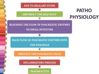 PATHO
PHYSIOLOGY
DUE TO BILILARY STONE
OBSTRUCT THE BILE DUCT
BLOCKING THE FLOW OF PANCREATIC ENZYMES
TO SMALL INTESTINE
BACK FLOW OF PANCREATIC ENZYMES INTO
THE PANCREAS
IRRITATE THE PANCREATIC CELLS
INFLAMMATORY PROCESS
PANCREATITIS
 