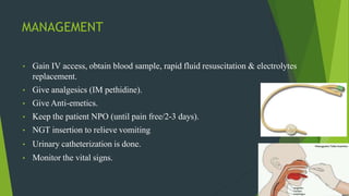 MANAGEMENT
• Gain IV access, obtain blood sample, rapid fluid resuscitation & electrolytes
replacement.
• Give analgesics (IM pethidine).
• Give Anti-emetics.
• Keep the patient NPO (until pain free/2-3 days).
• NGT insertion to relieve vomiting
• Urinary catheterization is done.
• Monitor the vital signs.
 