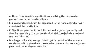 • A. Numerous punctate calcifications involving the pancreatic
parenchyma in the head and body.
• B. A moderate-sized calculus visualized in the pancreatic duct with
associated ductal dilation.
• C. Significant pancreatic duct dilation and adjacent parenchymal
atrophy secondary to a pancreatic duct stricture (which is not well
seen on this scan).
• D. A large unilocular, encapsulated cyst in the tail of the pancreas
consistent with a pseudocyst from prior pancreatitis. Note adjacent
pancreatic parenchymal atrophy.
 