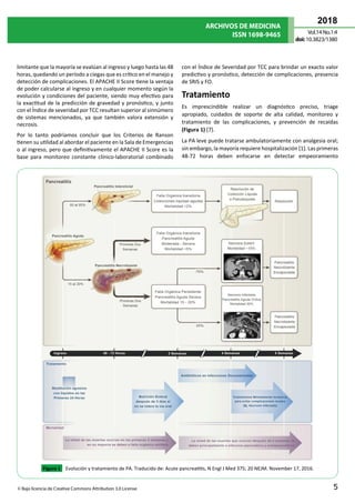 ARCHIVOS DE MEDICINA
ISSN 1698-9465
2018
Vol.14 No.1:4
doi:10.3823/1380
5
© Bajo licencia de Creative Commons Attribution 3.0 License
limitante que la mayoría se evalúan al ingreso y luego hasta las 48
horas, quedando un período a ciegas que es crítico en el manejo y
detección de complicaciones. El APACHE II Score tiene la ventaja
de poder calcularse al ingreso y en cualquier momento según la
evolución y condiciones del paciente, siendo muy efectivo para
la exactitud de la predicción de gravedad y pronóstico, y junto
con el Índice de severidad por TCC resultan superior al sinnúmero
de sistemas mencionados, ya que también valora extensión y
necrosis.
Por lo tanto podríamos concluir que los Criterios de Ranson
tienen su utilidad al abordar el paciente en la Sala de Emergencias
o al ingreso, pero que definitivamente el APACHE II Score es la
base para monitoreo constante clínico-laboratorial combinado
Figura 1 Evolución y tratamiento de PA. Traducido de: Acute pancreatitis, N Engl J Med 375; 20 NEJM. November 17, 2016.
con el Índice de Severidad por TCC para brindar un exacto valor
predictivo y pronóstico, detección de complicaciones, presencia
de SRIS y FO.
Tratamiento
Es imprescindible realizar un diagnóstico preciso, triage
apropiado, cuidados de soporte de alta calidad, monitoreo y
tratamiento de las complicaciones, y prevención de recaídas
(Figura 1) [7].
La PA leve puede tratarse ambulatoriamente con analgesia oral;
sin embargo, la mayoría requiere hospitalización [1]. Las primeras
48-72 horas deben enfocarse en detectar empeoramiento
 