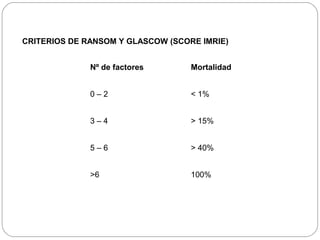 CRITERIOS DE RANSOM Y GLASCOW (SCORE IMRIE) 
Nº de factores 
0 – 2 
3 – 4 
5 – 6 
>6 
Mortalidad 
< 1% 
> 15% 
> 40% 
100% 
 
