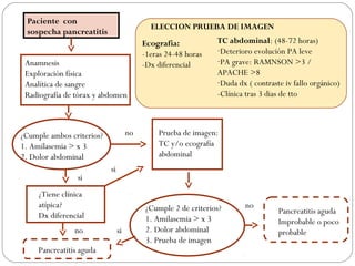 Paciente con 
sospecha pancreatitis 
Anamnesis 
Exploración física 
Analítica de sangre 
Radiografía de tórax y abdomen 
si 
¿Tiene clínica 
atípica? 
Dx diferencial 
ELECCION PRUEBA DE IMAGEN 
Prueba de imagen: 
TC y/o ecografía 
abdominal 
¿Cumple ambos criterios? 
1. Amilasemia > x 3 
2. Dolor abdominal 
¿Cumple 2 de criterios? 
1. Amilasemia > x 3 
2. Dolor abdominal 
3. Prueba de imagen 
Pancreatitis aguda 
Improbable o poco 
probable 
Pancreatitis aguda 
si 
no 
no si 
no 
Ecografia: 
-1eras 24-48 horas 
-Dx diferencial 
TC abdominal: (48-72 horas) 
-Deterioro evolución PA leve 
-PA grave: RAMNSON >3 / 
APACHE >8 
-Duda dx ( contraste iv fallo orgánico) 
-Clínica tras 3 dias de tto 
 