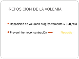 REPOSICIÓN DE LA VOLEMIA 
Reposición de volumen progresivamente ≈ 3-4L/dia 
Prevenir hemoconcentración Necrosis 
 