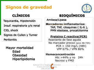 Signos de gravedad
CLÍNICOS BIOQUÍMICOS
Taquicardia, Hipotensión
Insuf. respiratoria y/o renal
CID, shock
Signos de Cullen y Turner
Peritonitis
Amilasa/Lipasa
Marcadores imflamatorios:
TAP, TNF, citoquinas ( IL-6 ),
PMN elastasa, procalcitonina
Proteina C reactiva(PCR)
Reactante de fase aguda
No marcador precoz (pico 48-72h)
PCR > 150 mg/L (48h)
VPP 67% / VPN 86%
Hemoconcentración
Htc >44% y no 24h
Necrosi y FMO
Mayor mortalidad
Edad
Obesidad
Hiperlipidemia
Balthazar EJ et al. Imaging and Intervention
in acute pancreatitis. Radiology
1994;193:297-306
 